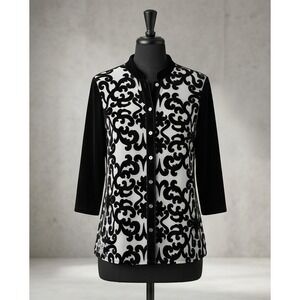 Chicos‎ Travelers 1 Velvet Damask Button Front Top Black White Med Silk Blend